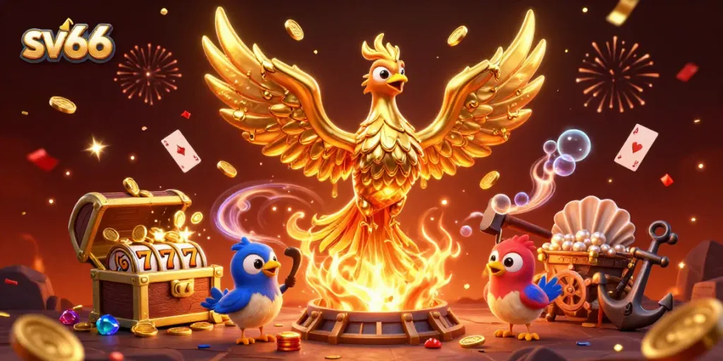 Experience sv66's thrilling casino adventure with a golden phoenix and exciting game elements.