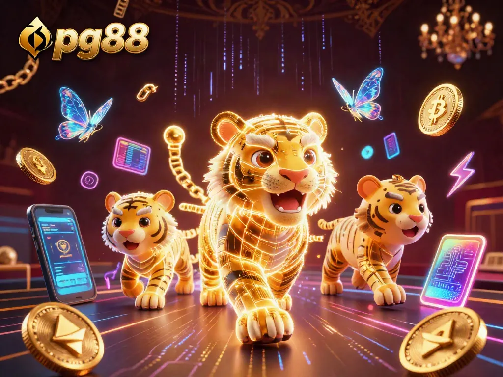 Experience pg88's vibrant gaming world with a neon tiger amidst stunning crypto elements.