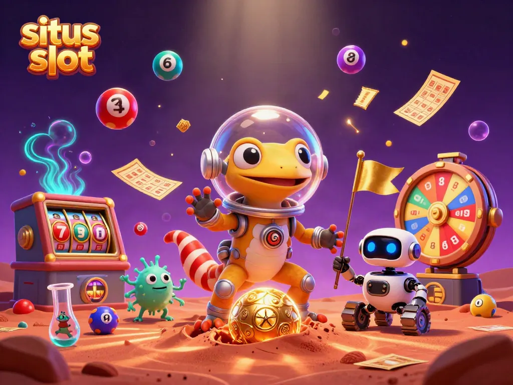 Experience thrilling gameplay on situs slot with colorful casino elements in an engaging 3D illustration.