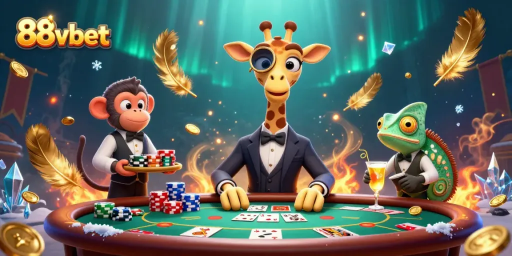 Experience thriving casino action with 88vbet's vibrant poker scene featuring a high-roller giraffe.