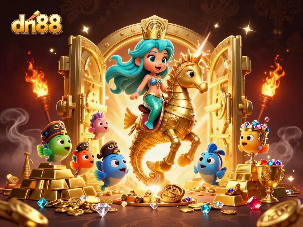 Play exciting games at dn88, featuring a vibrant 3D scene with treasure and casino elements.