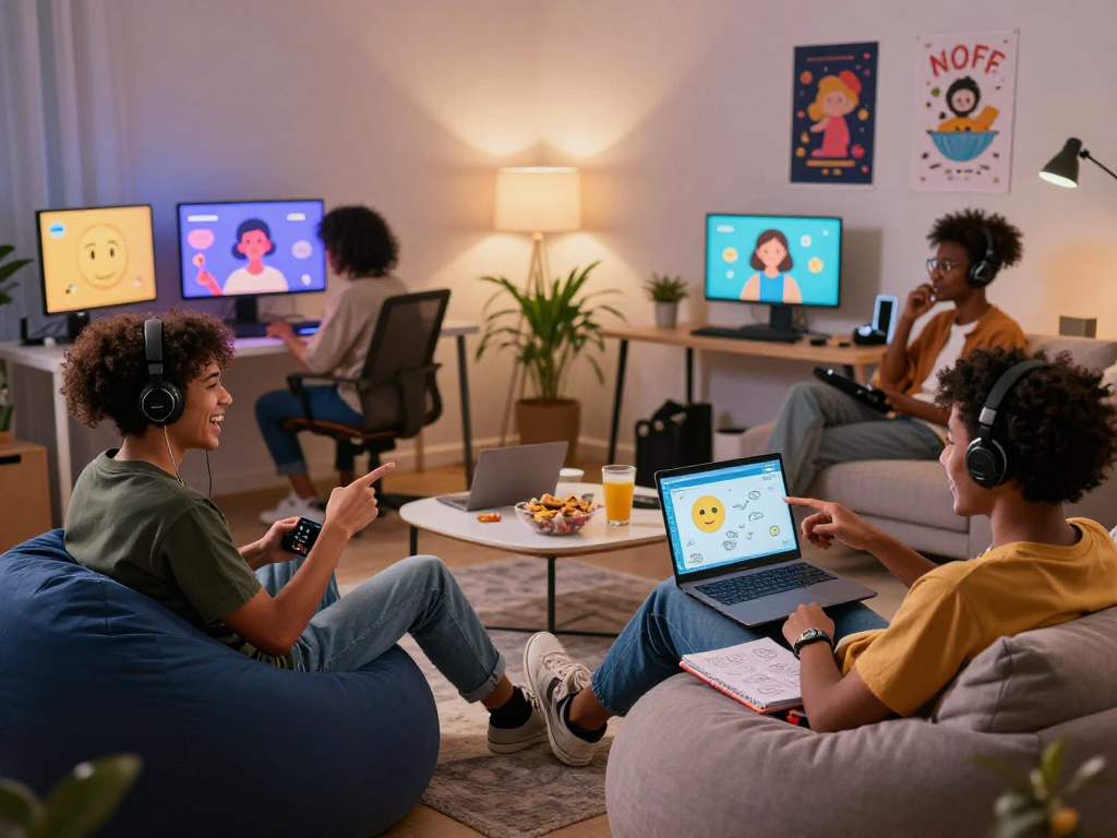 Engaging group of friends having fun with nsfw AI chat in a cozy home office, showcasing laughter and technology.