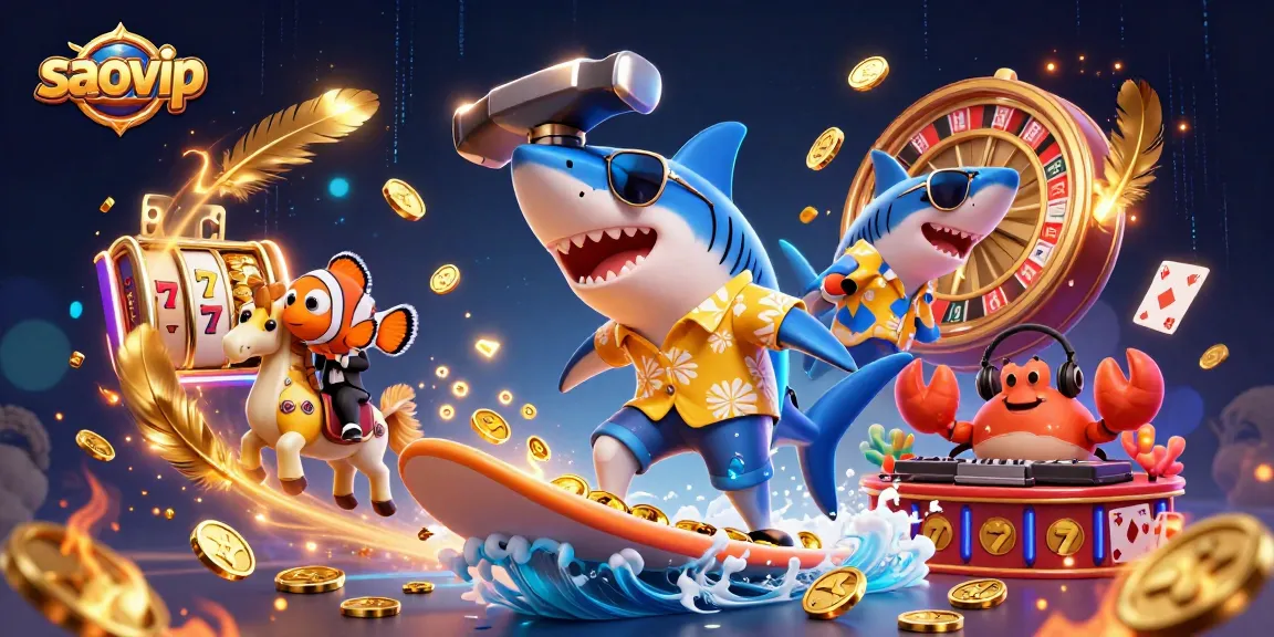 Engage in thrilling gameplay with saovip as a shark surfs on gold coins amidst vibrant casino elements.