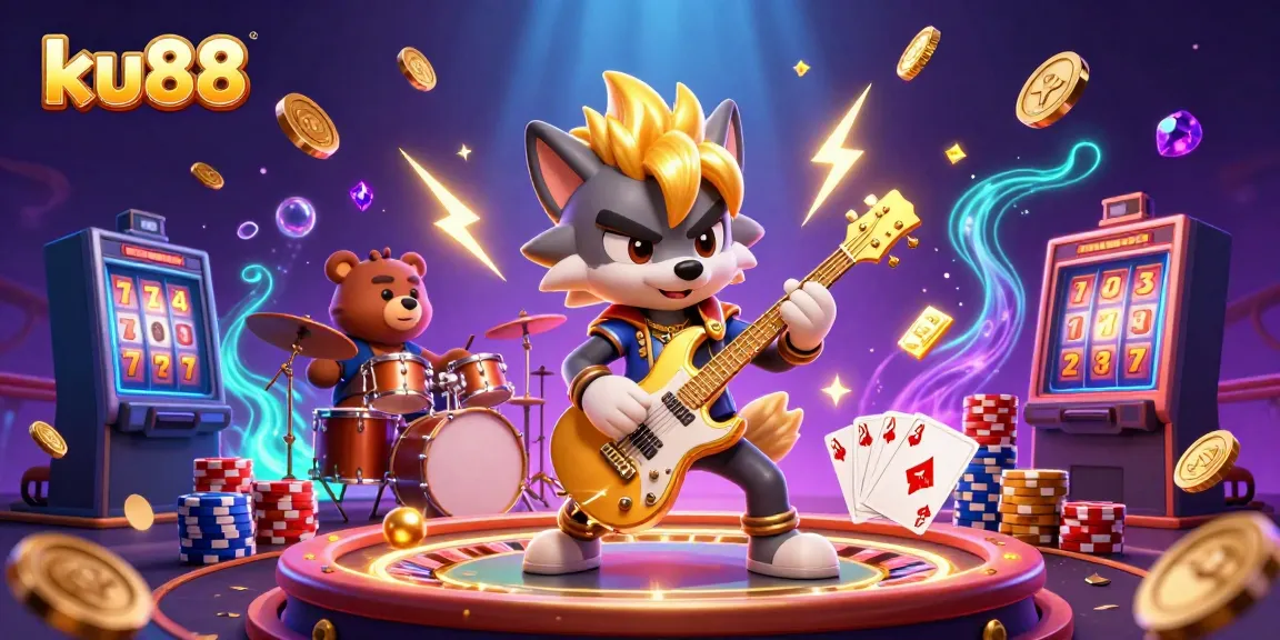 Experience thrilling gaming at ku88 with a rock star wolf and vibrant casino elements