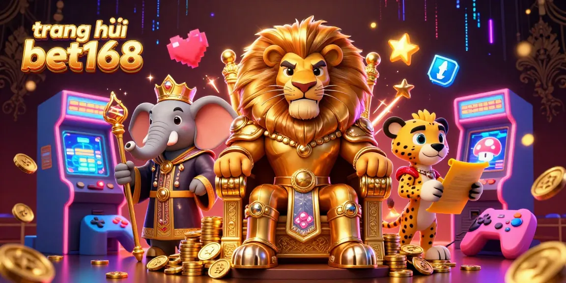 Engaging scene of the trang chủ bet168 featuring a lion king on gold coins amid animated gaming elements.