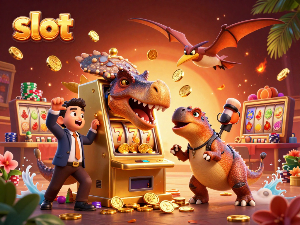 Slot machine jackpot celebration with cartoon dinosaurs in a lively casino scene.