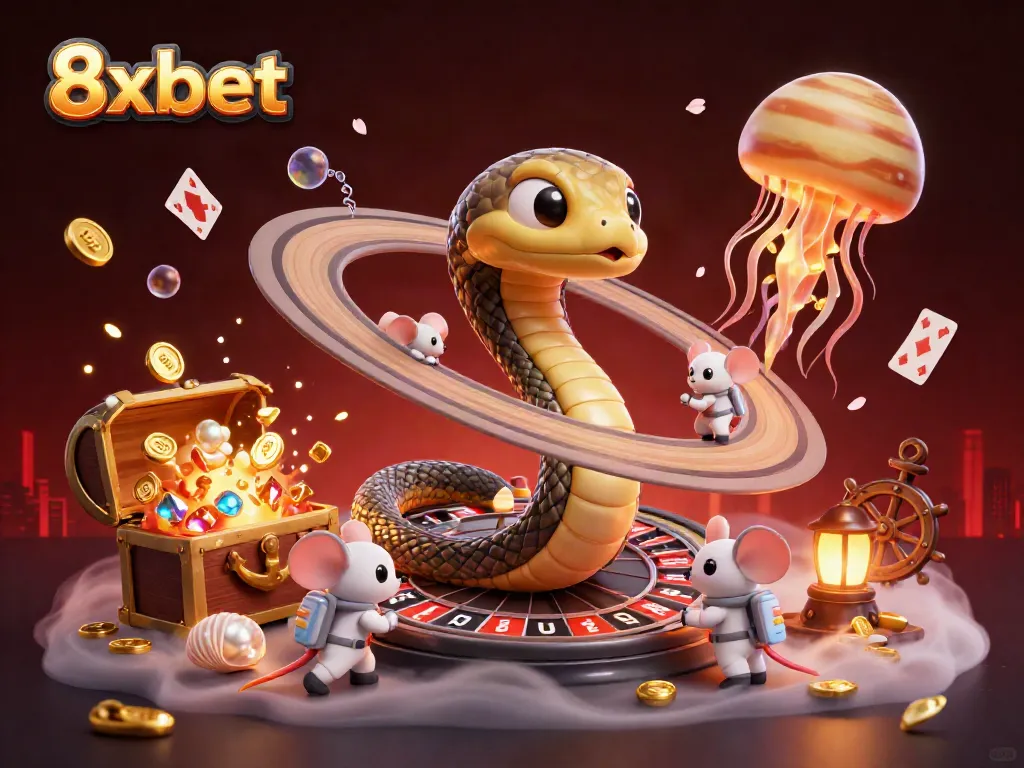 Experience the excitement of 8xbet with animated cosmic gambling elements in a vibrant illustration.