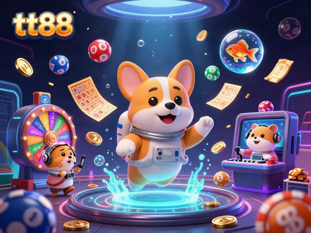 Engage with tt88's vibrant space casino scene featuring an astronaut corgi and gaming elements.