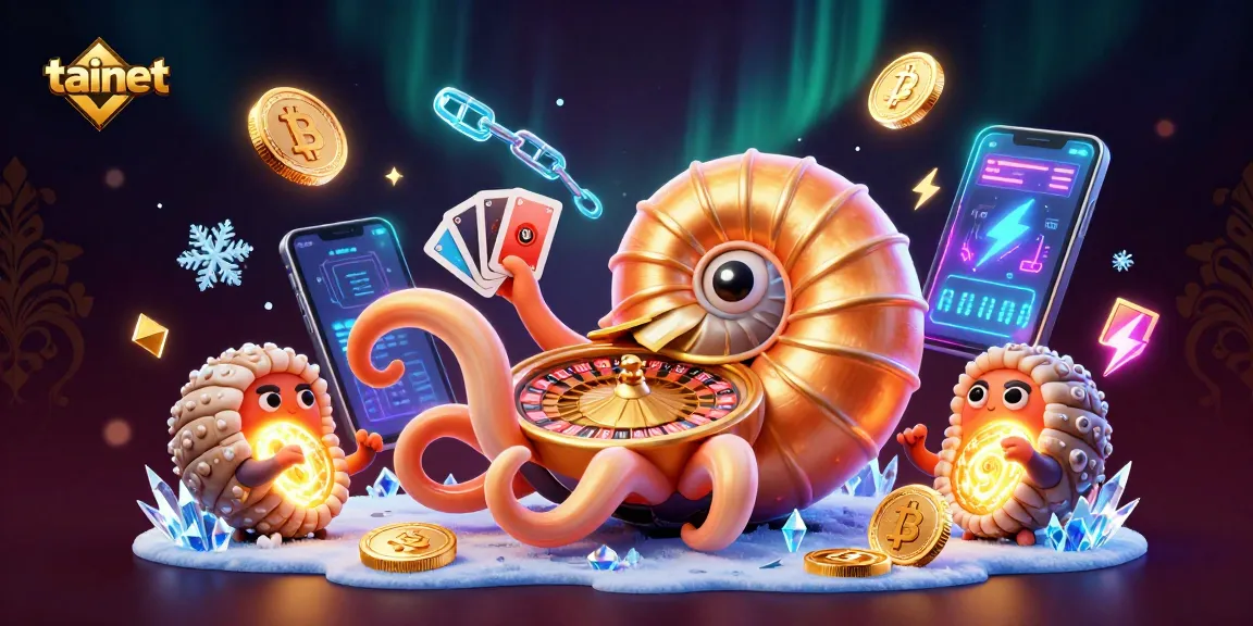 Tainet presents an engaging visual of a cartoon nautilus wheel surrounded by vibrant crypto elements.
