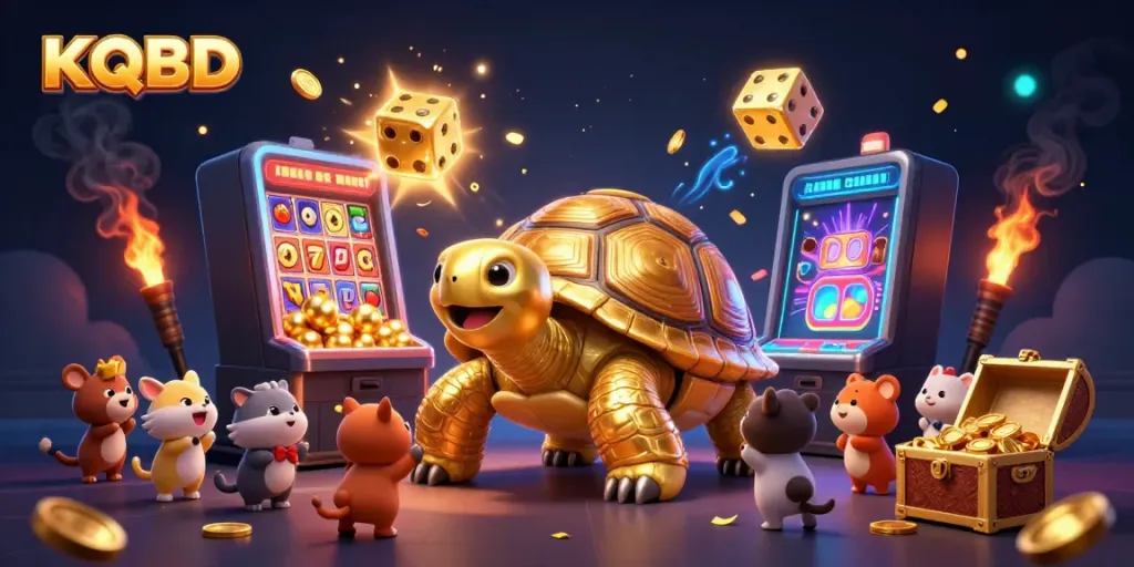 Engage with KQBD in this vibrant 3D carnival scene featuring a golden tortoise and joyful animals.