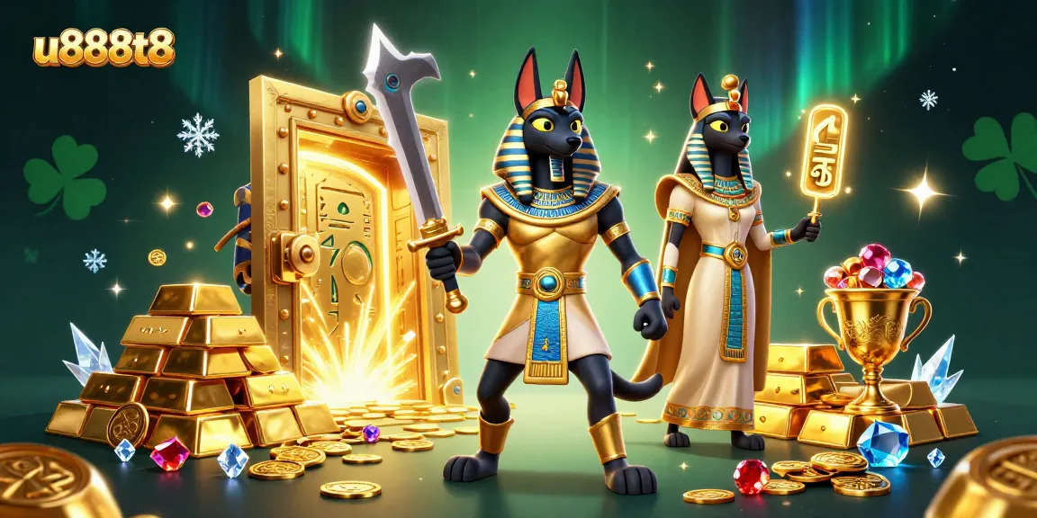 Experience the thrill of u888t8 with Anubis and Bastet amidst sparkling treasures and glowing hieroglyphs.