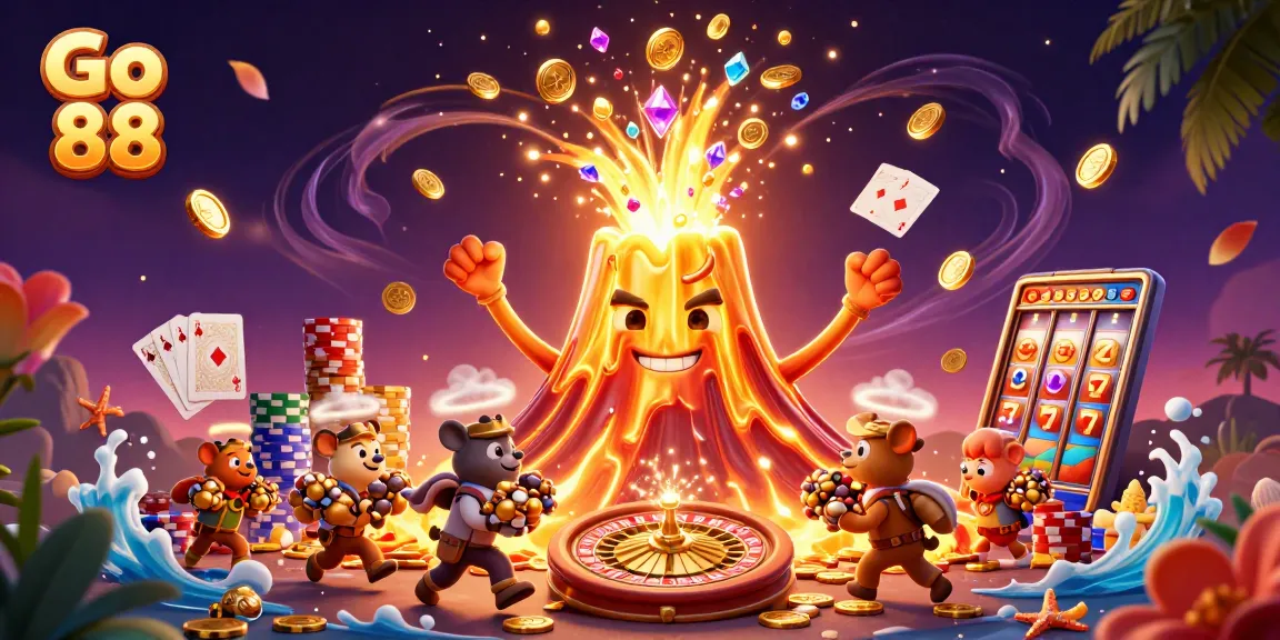 Experience the thrill of Go 88 with a golden volcano erupting coins and treasures in an exciting 3D scene.