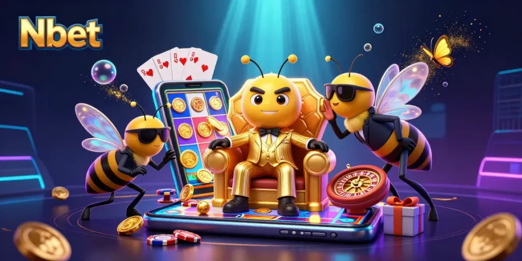 Nbet offers a vibrant casino atmosphere with a bumblebee mob boss, playing cards, and rich gaming elements.
