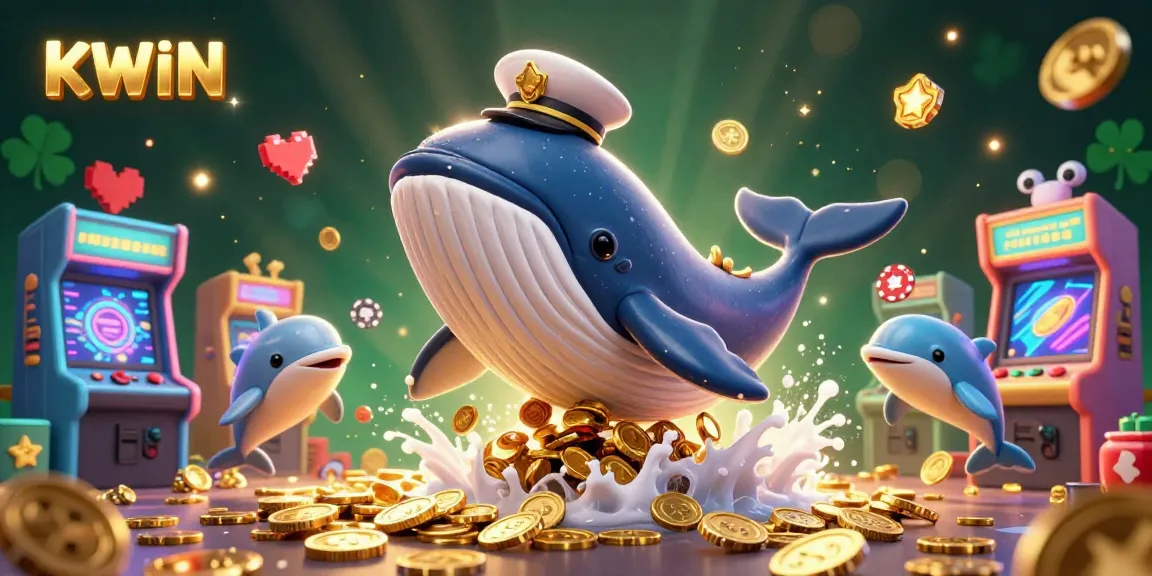 KWIN captures the excitement of gaming with a vibrant scene featuring a whale, narwhal, and dolphins amidst poker chips and arcade elements.