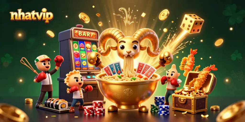 Nhatvip unleashes excitement with a dynamic scene of animated casino characters and vibrant slot machine action.