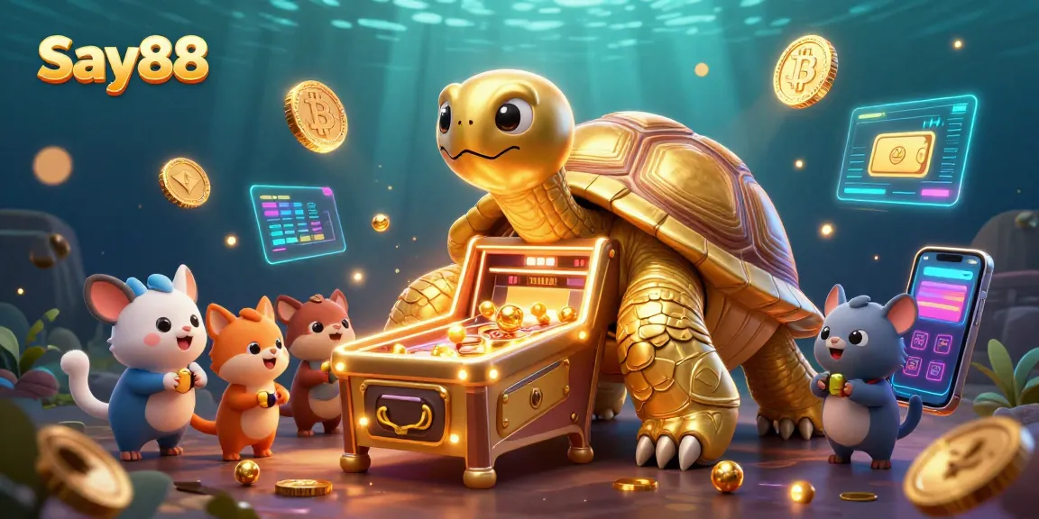 Experience the excitement at Say88, where players engage with a 3D pinball tortoise amidst vibrant crypto elements.