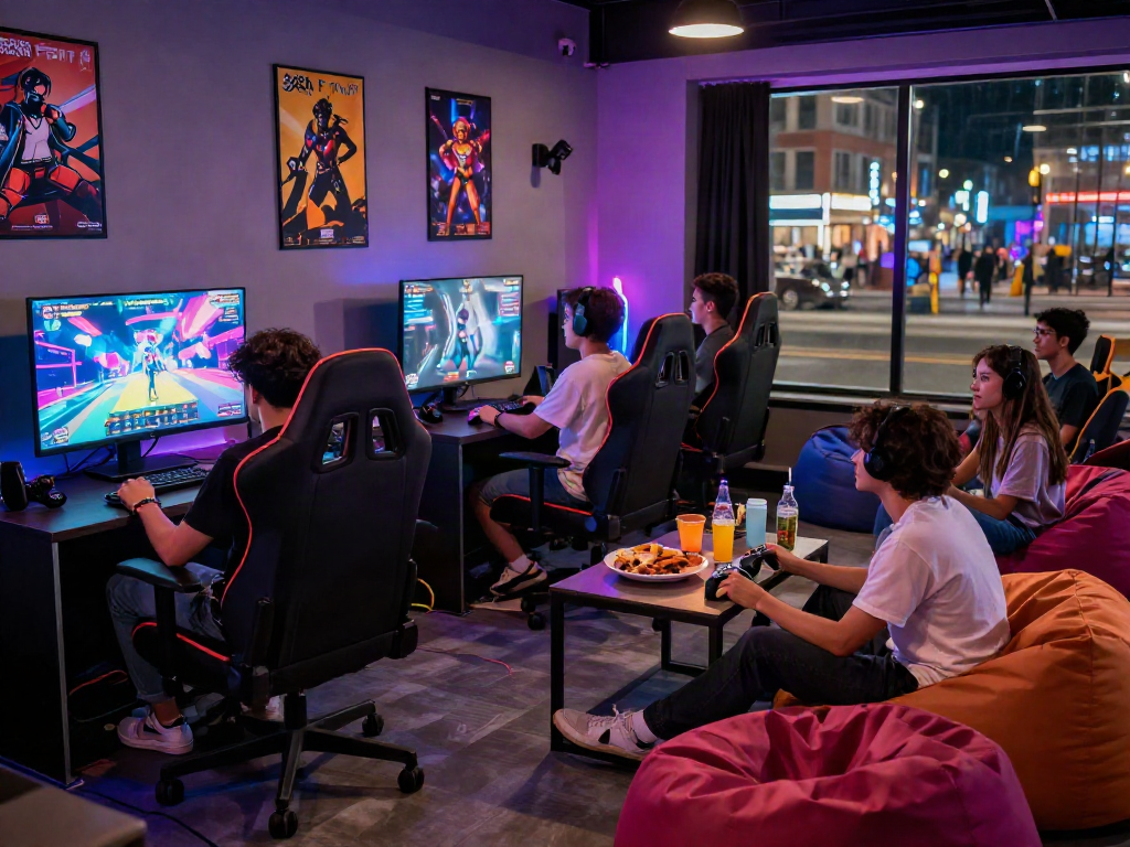 Diverse friends playing a sex simulator game in a vibrant gaming lounge.