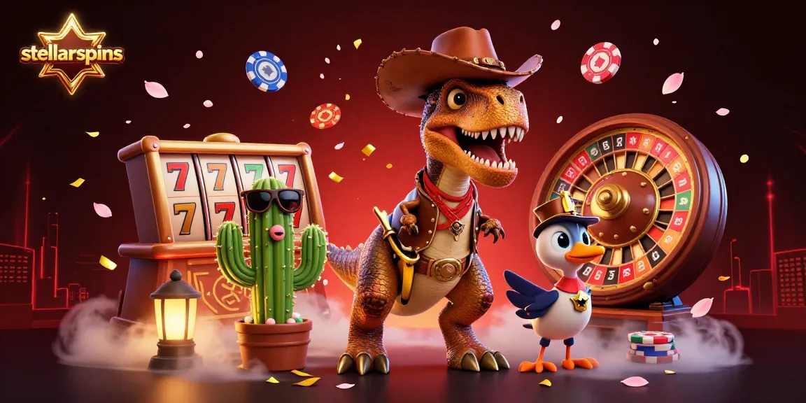 Experience stellarspins excitement with animated characters amidst slot reels and festive elements.