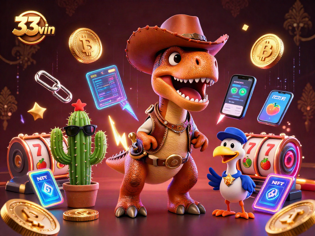 Engage with thrilling gameplay at 33win featuring a T-Rex, cactus, and roadrunner in a vibrant casino scene.