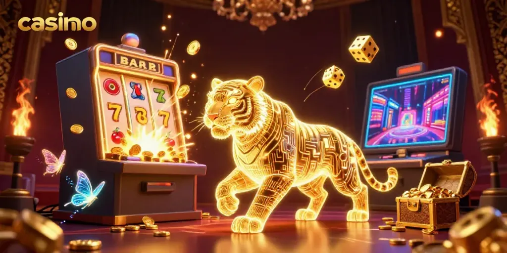 Experience the thrill of the casino with a luminous tiger in a digital landscape.