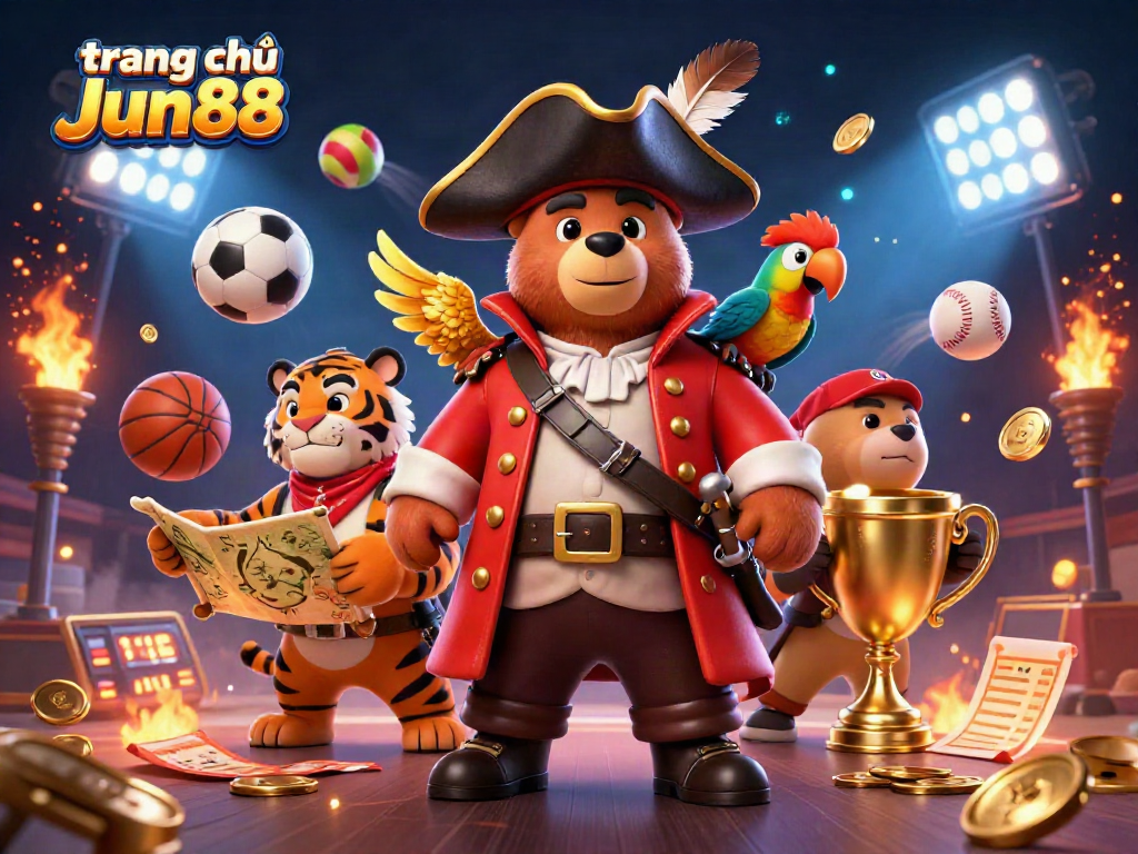 Engage with the fun of trang chủ Jun88 through a vibrant casino-themed adventure featuring a pirate bear, tiger, and sports elements.