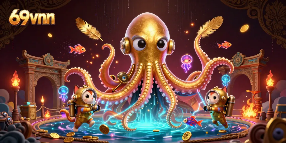 Engage players at 69vnn with thrilling underwater casino action featuring a kraken and diving cat.
