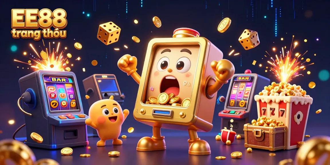 Experience excitement at EE88 trang chủ as a golden slot machine hits the jackpot, with festive elements surrounding!