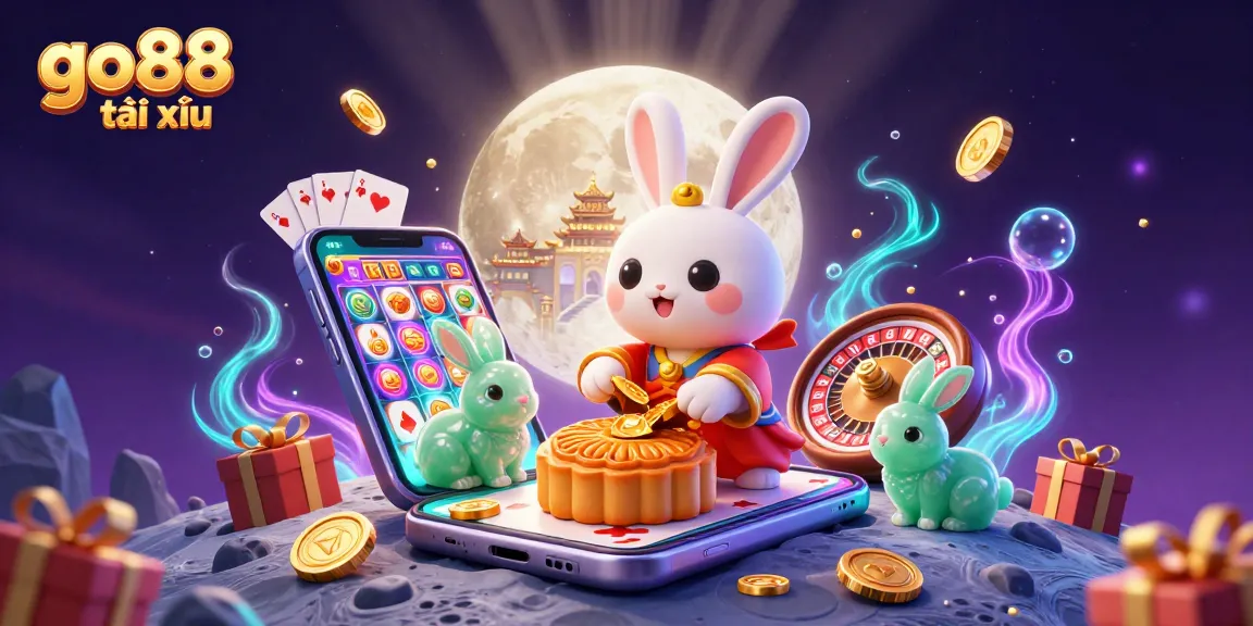 Engage in go88 tài xỉu as the moon rabbit reveals poker chips from golden mooncakes.
