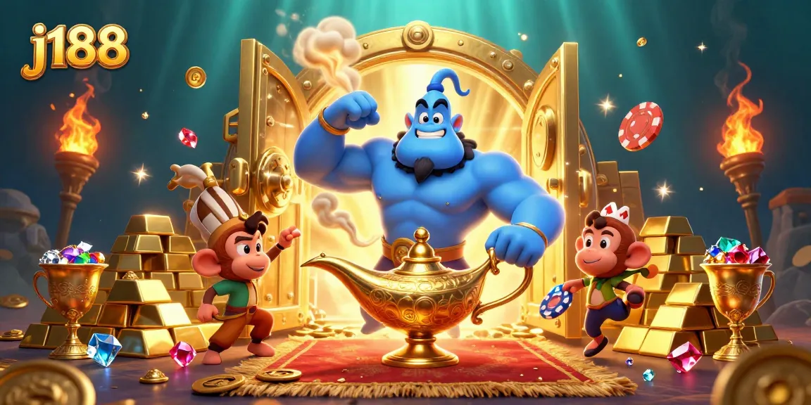 Experience j188 with a blue genie, treasure, and casino symbols in a vibrant 3D scene.