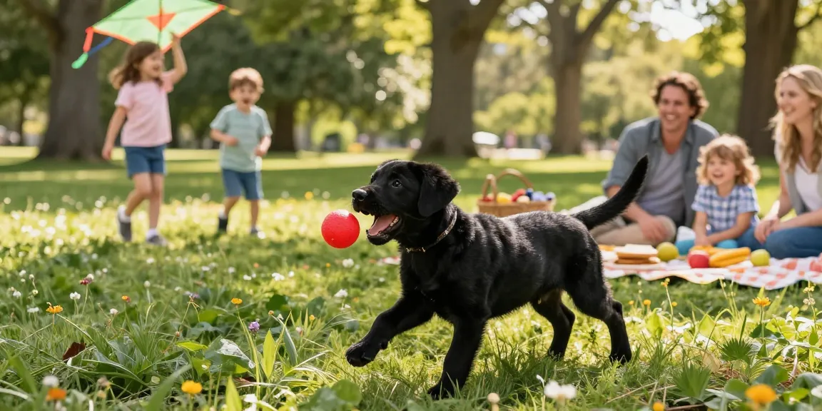 Active black labrador puppy fetching a ball in a sunny park, surrounded by family and playful atmosphere.