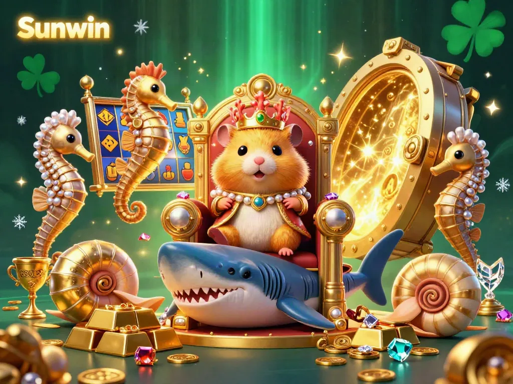 Experience the vibrant world of gambling with Sunwin, featuring a golden hamster king amidst treasures and stunning gems.