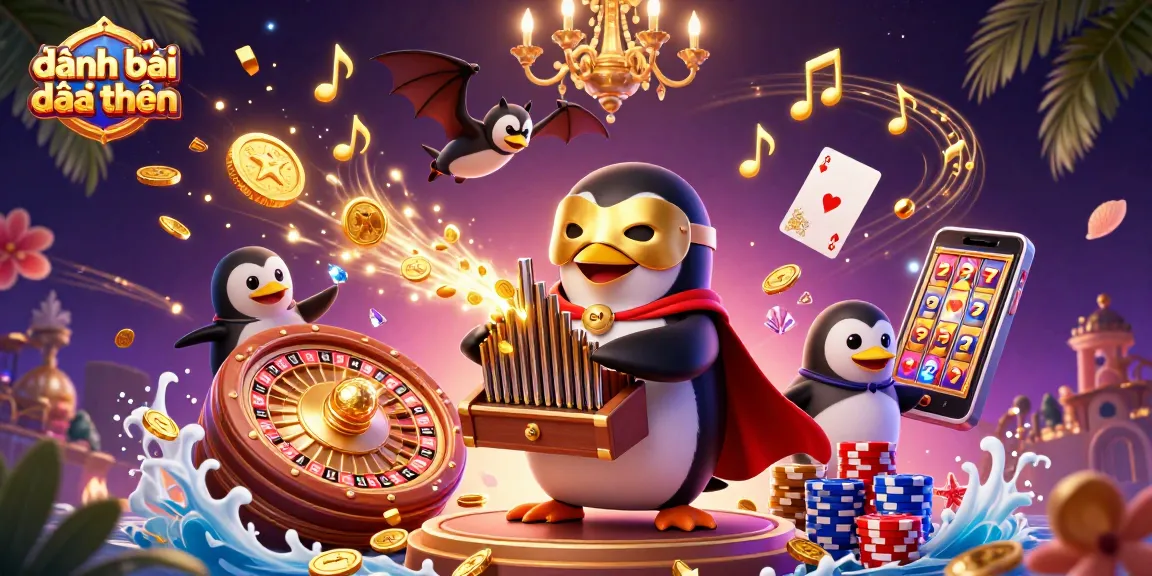 Engaging scene of đánh bài đổi thưởng, featuring a playful penguin, golden coins, and casino elements.