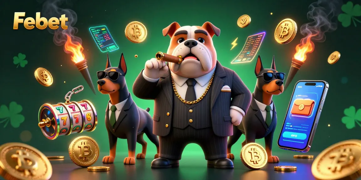Join the thrilling betting action at Febet with a dynamic scene featuring a mafia boss bulldog surrounded by crypto coins and slot symbols.