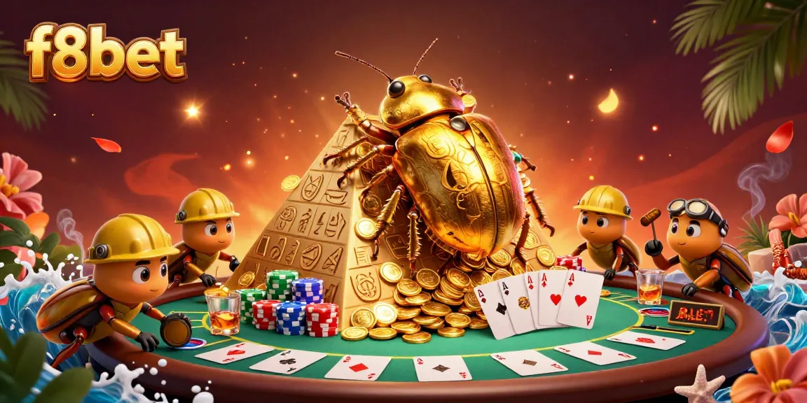 Join the excitement at f8bet with a golden beetle rolling coins amid a dynamic casino scene.