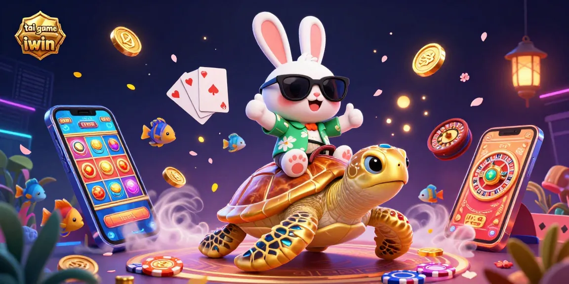 Experience tai game iwin with an adorable rabbit and a golden sea turtle in a vibrant casino scene.
