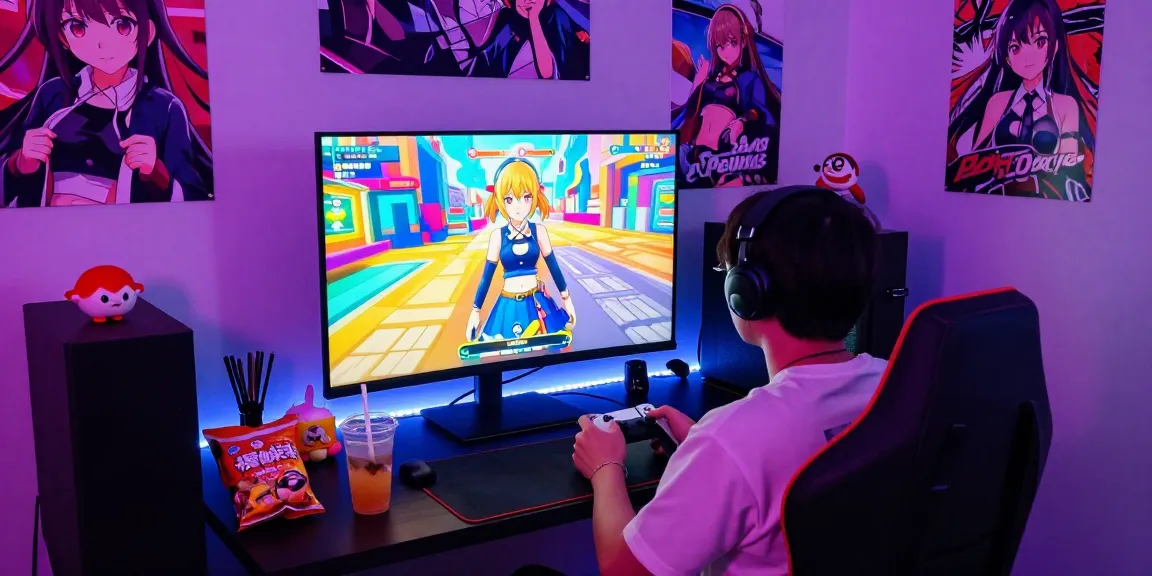 Engaging gamer immersed in a hentai game with colorful visuals in a lively gaming room.