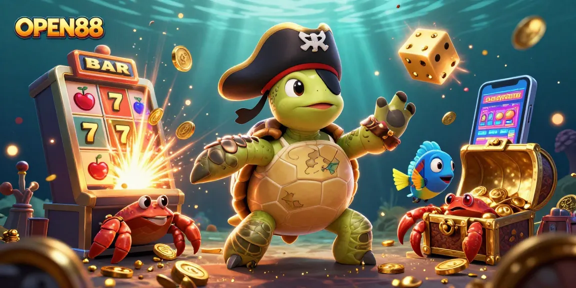Experience the thrilling adventure of OPEN88 with a vibrant 3D casino scene featuring a treasure-filled underwater landscape.