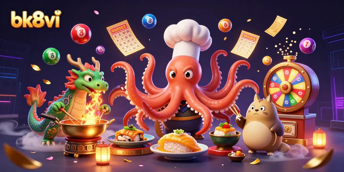 Engage with bk8vi's vibrant lottery experience featuring a dynamic octopus chef and dragon.