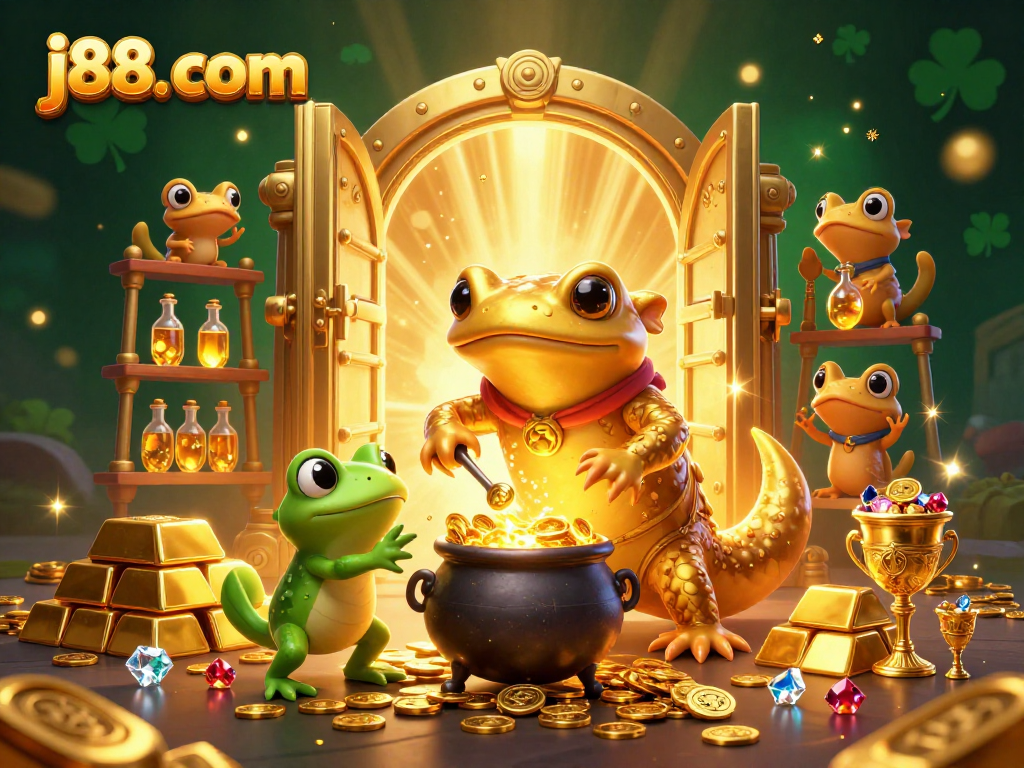 Experience the rich ambiance of j88. com with golden alchemists transforming treasures in a magical casino scene.