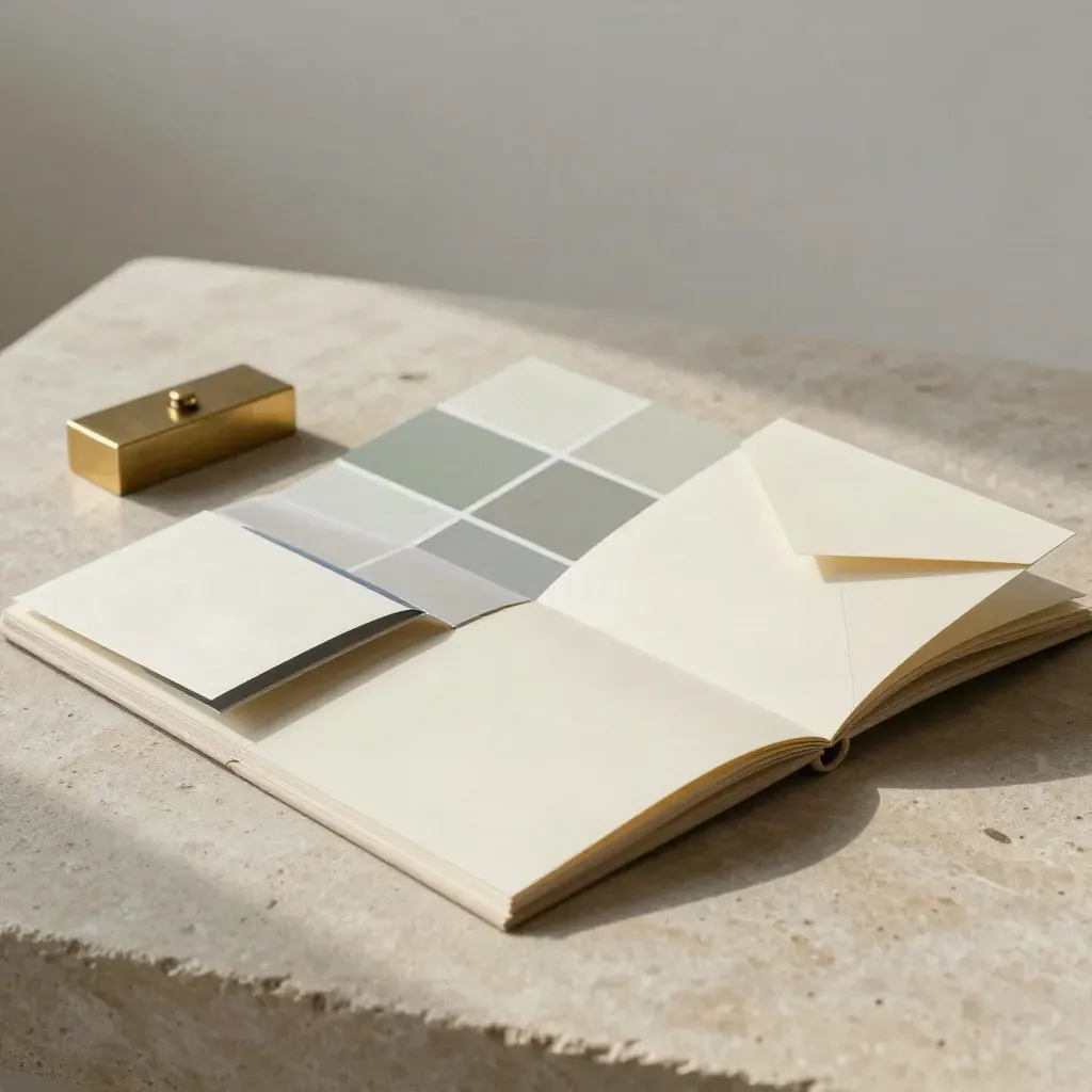 Brand-audit board, cream sample cards, swatches, brass weight and envelope on pale stone with soft navy accent.