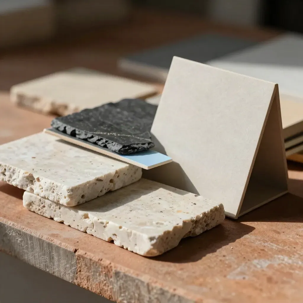 Stone swatches and a folded presentation stand on a terracotta surface.