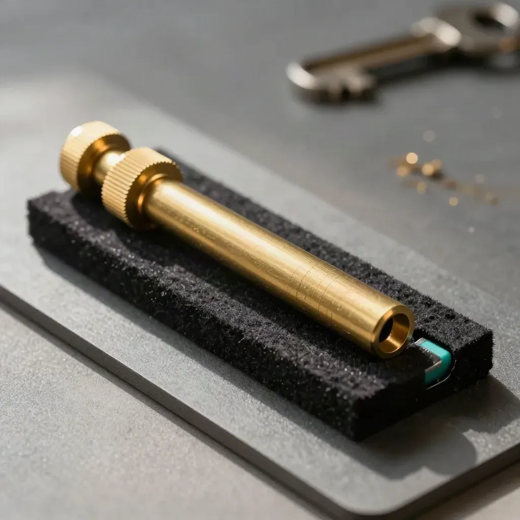 Brass precision parts in a dark felt tray under dramatic studio light.