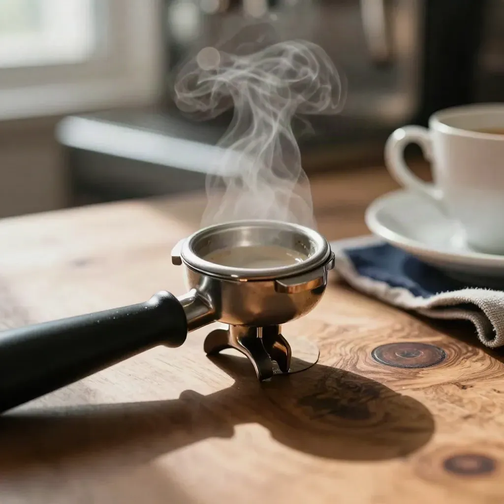 Macro espresso tamper, portafilter basket and saucer on walnut counter with steam and cafe bokeh