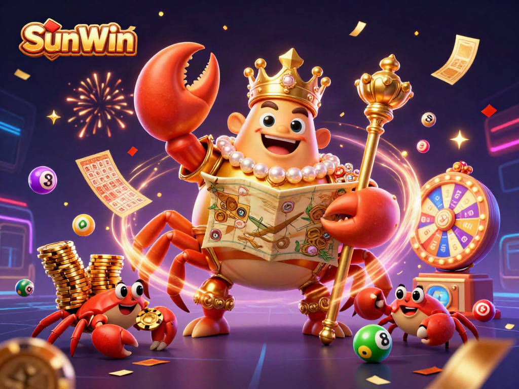 Engage with SunWin's vibrant casino scene featuring a golden crab emperor amidst animated lottery balls and confetti.