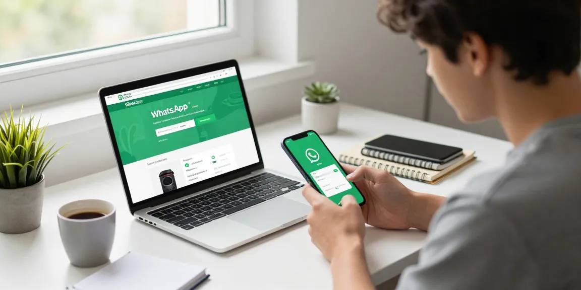 WhatsApp下載 feature shown on smartphone as a young professional interacts with the app in a modern workspace.