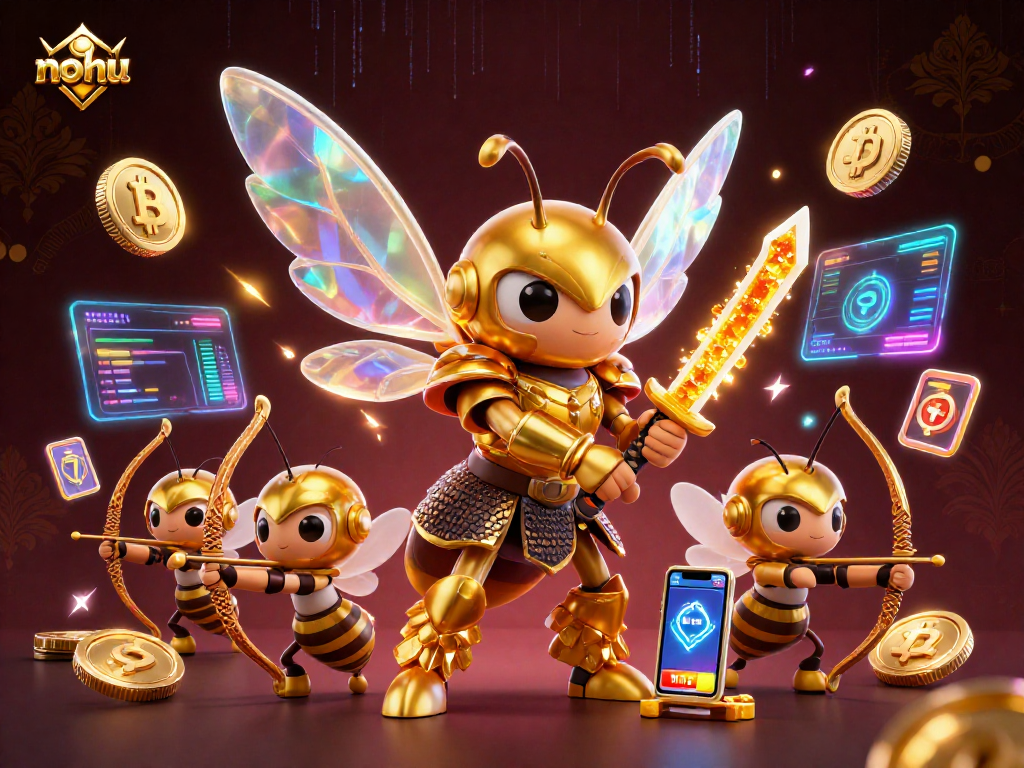 Navigate to win big with nohu in this electrifying gaming scene featuring jackpot reels and glowing crypto coins.