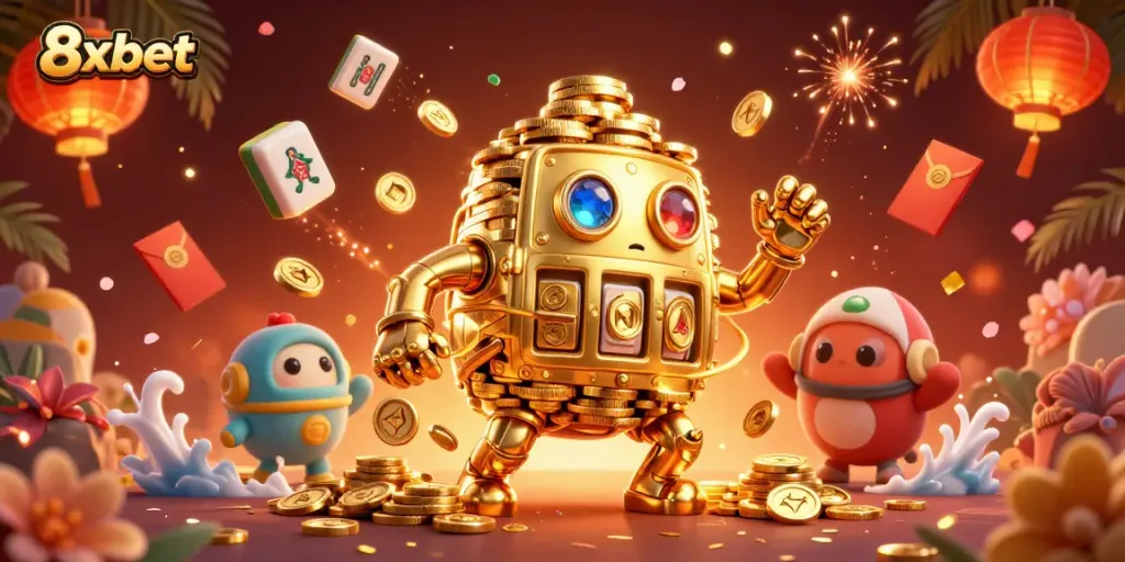 Experience thrilling 8xbet gameplay with a vibrant golem and festive symbols in this dynamic casino illustration.