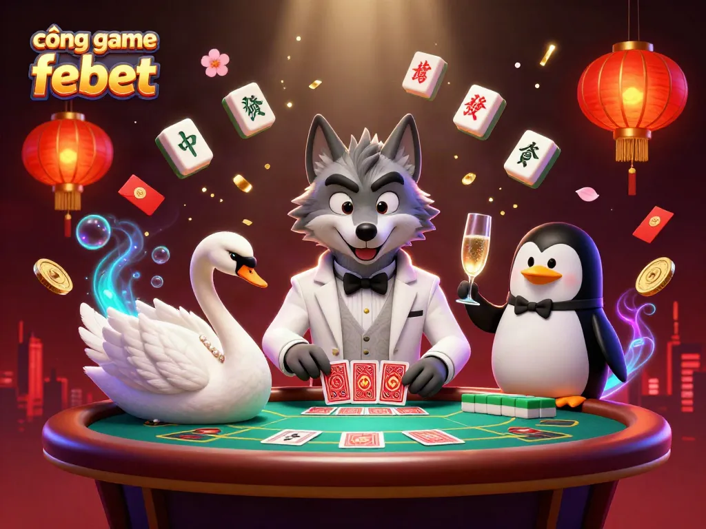 Experience the excitement at cổng game febet with animated characters showcasing high-stakes baccarat gaming.