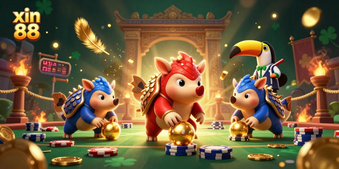 Engage with xin 88 online casino as vibrant pangolins playfully bowl through poker chips in a colorful 3D scene.