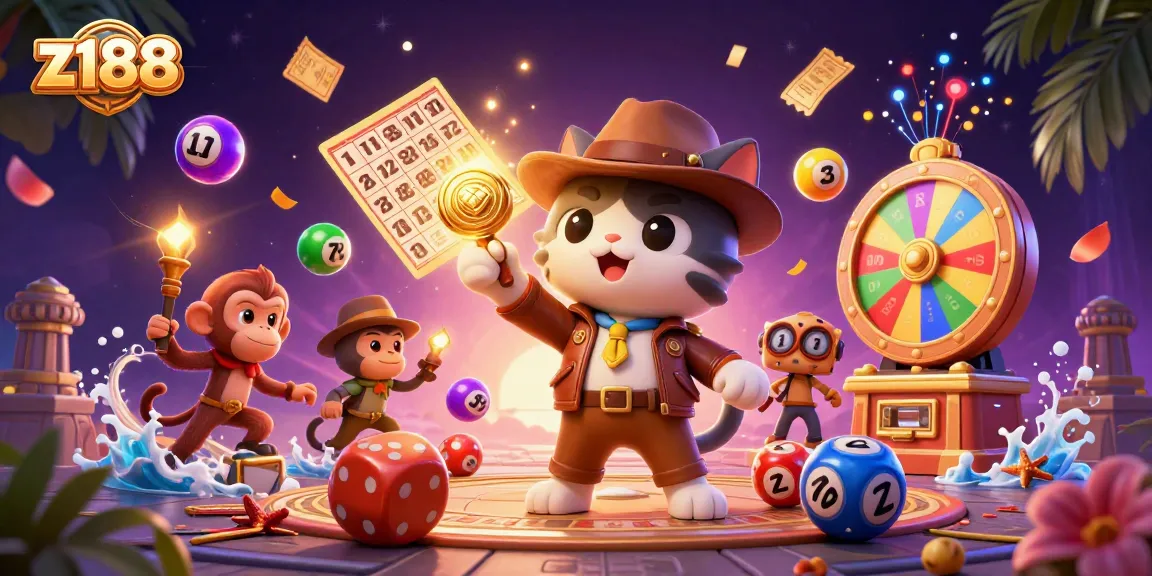 Engage with z188's vibrant casino experience, featuring a cat explorer and treasures in a lively atmosphere.